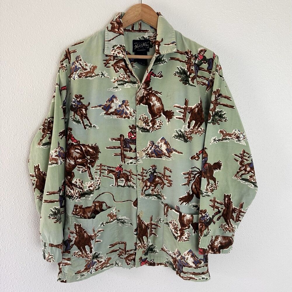 Nick and Nora Green Western Cowboy Print Button Front Pajama Top Kurt Cobain S